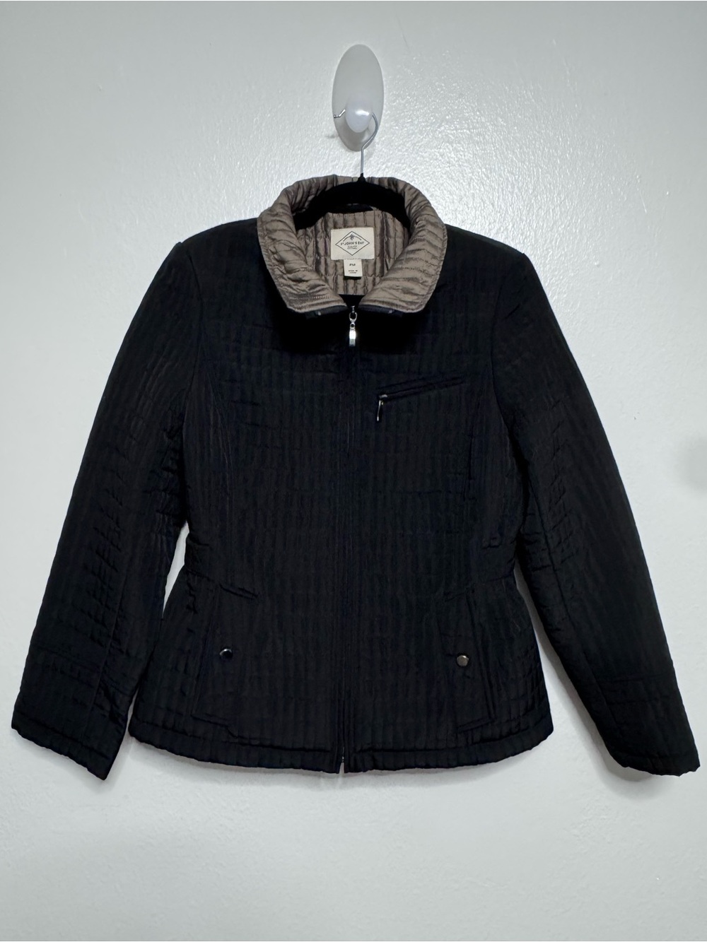St. John's Bay Black Quilted Jacket with Contrast Tan Collar